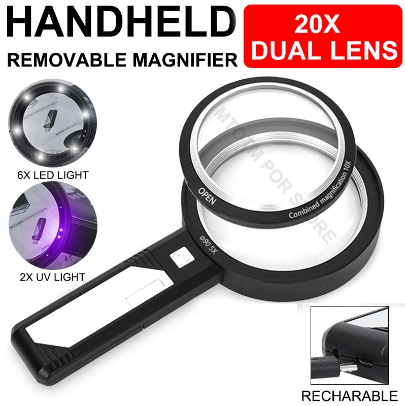 20X 8LED Handheld Magnifying Glass USB Rechargeable Loupe Magnifier Removable Optical Lens Illuminated Magnifier Reading Glasses