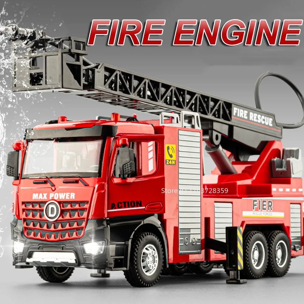 1/32 Ladder Truck Model Toys for Boys Metal Diecast Water Tanker Trucks with Pull Back Sound Light Engineering Vehicle Gifts