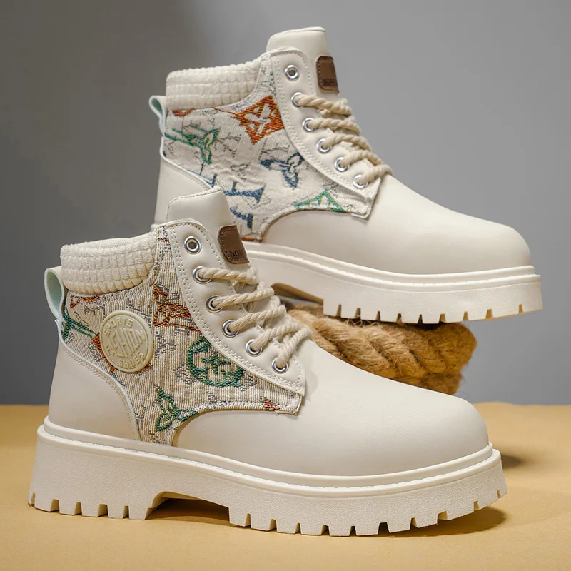 

Mens High Top Boots Street Trendy Lace-Up Anti Slip Wear-resistant Short Boot Leather Autumn Comfortable Winter Flat Shoes Men