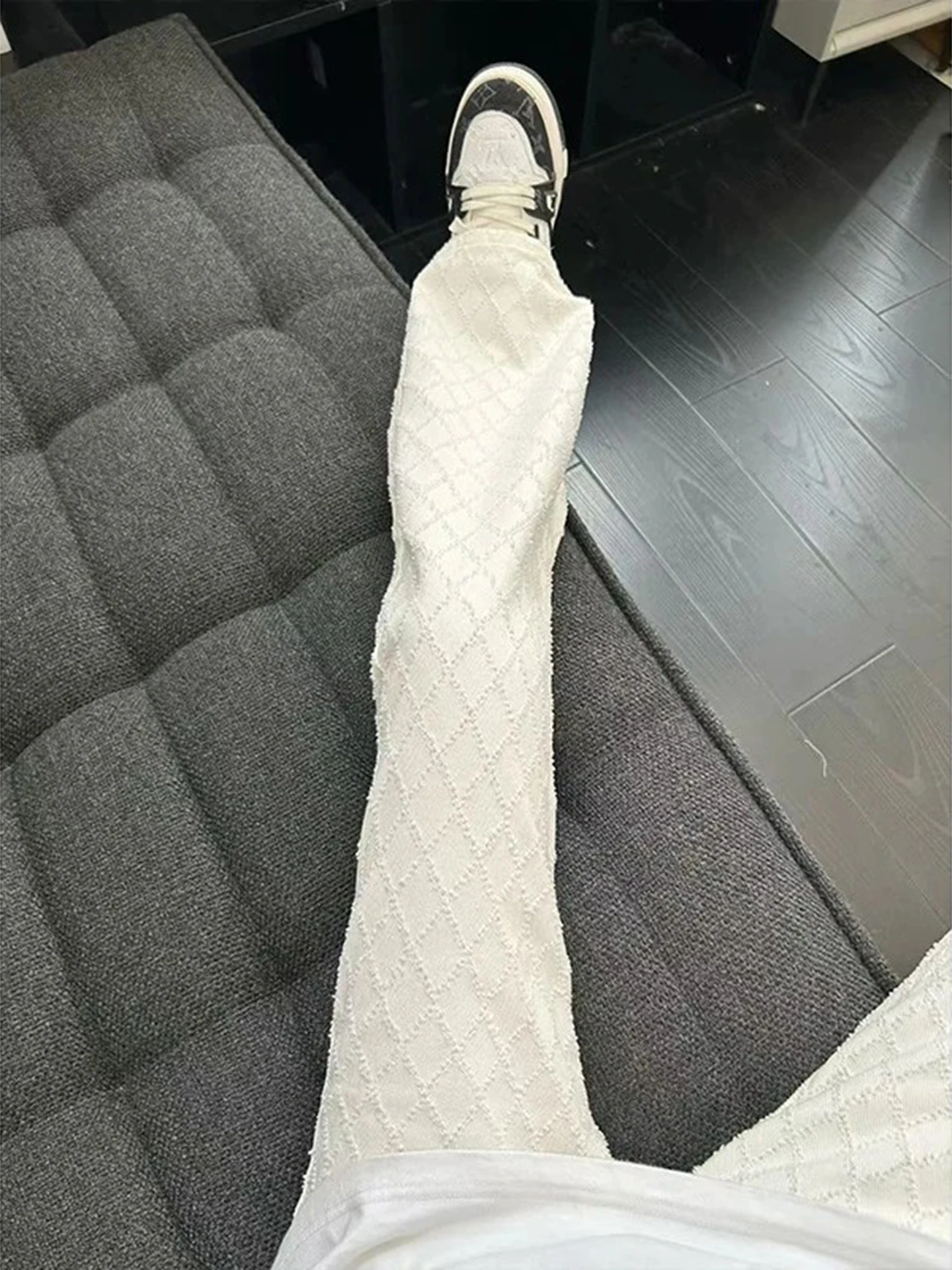 

Белые джинсы с вышивкой, мужские, с высокой талией, прямые, широкие штанины, осенний сезон, с дизайнерским плетением, эффект похудения, американский стиль