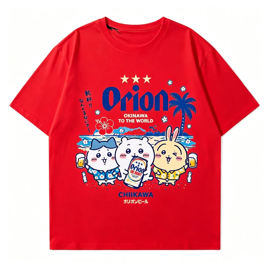 Kawaii Anime Summer Vacation Aesthetic Chiikawa Orion Beer Okinawa Collab Print Cotton Men Women Universal Crew Neck T-Shirt image 3