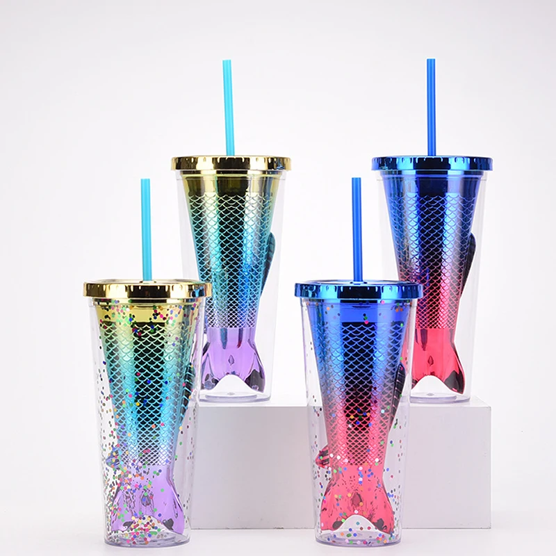 Electroplated Gradient Color 350ml 12oz Glitter Plastic Mermaid Tumbler Cup Merman Tumbler Cup Fishtail Fish Tail Tumbler Cup