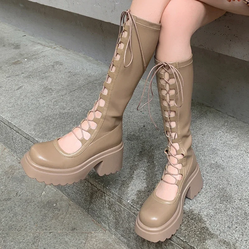 Designer Summer Women High Boots Fashion Lace Up Platform Heel Shoes Ladies Elegant Women's Hollow Out Footwear