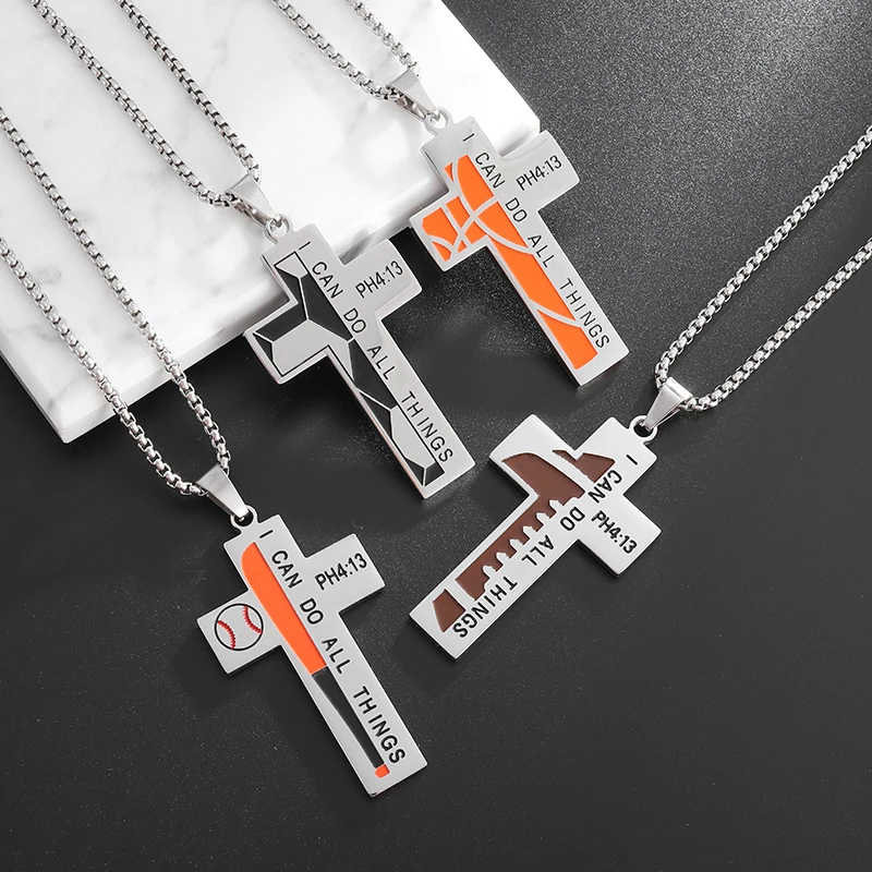 Men's I Can Do All Things Inspirational Cross Pendant Necklace Basketball Baseball Football Sports Scripture Chain Necklace