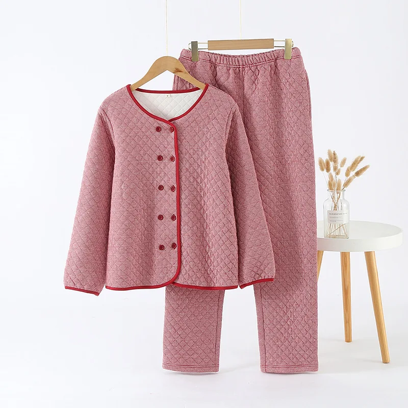 Plaid Air Cotton Crew-Neck Double-Breasted Pajamas Set For Women Autumn Winter Warm Soft Sleepwear 2023 New Casual Home Pyjama