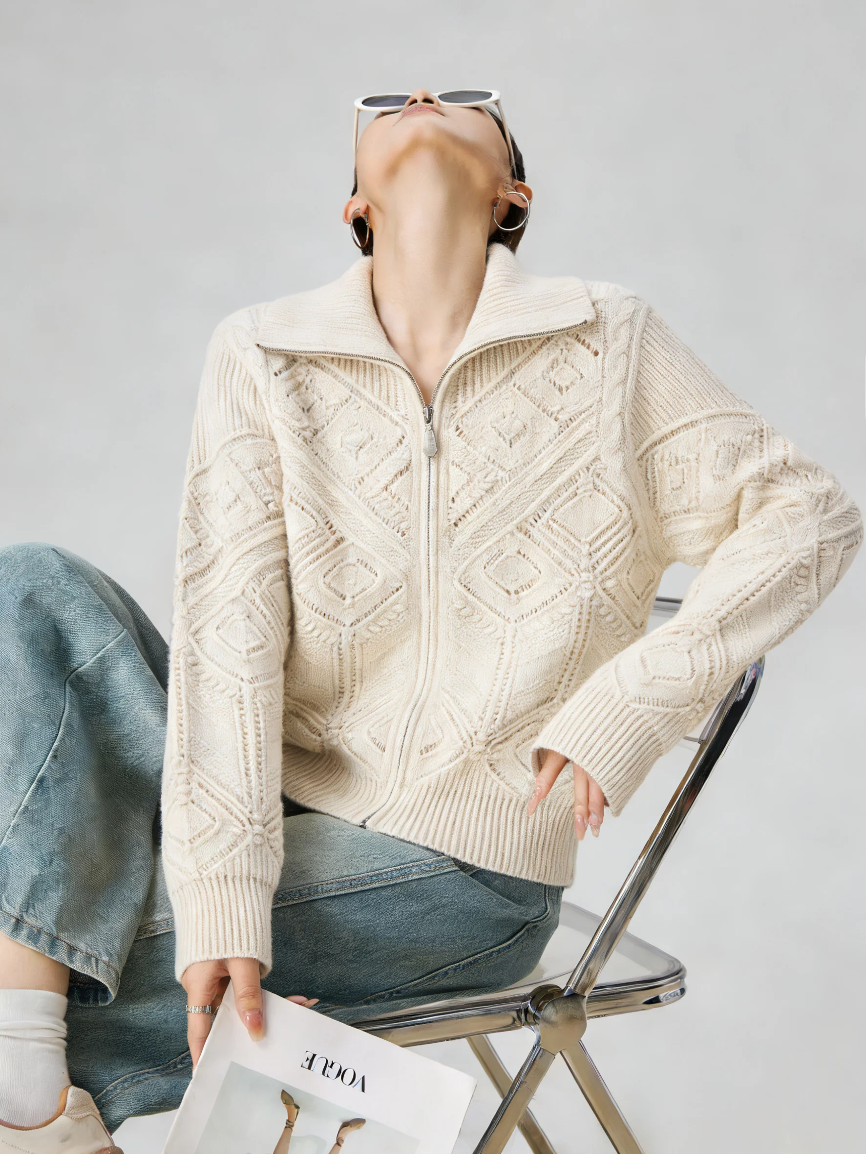 

White Knitted Cardigan Sweater Women's Spring 2026 New Unique Beautiful Casual Loose Fit Long Sve Zipper Closure Top