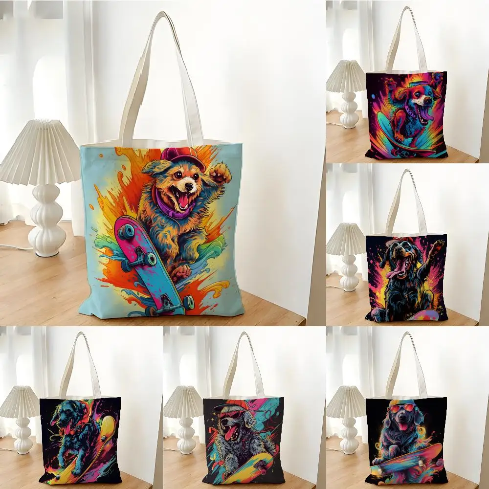 Storage Bags Shopping Bag Canvas Supermarket Shopping Bag Christmas Party Tote Bag Retro Style Trendy Artistic Dog Pattern