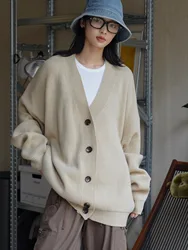 Autumn and Winter Women's Casual Solid V-Neck Long Sleeve Loose Cardigan Sweater