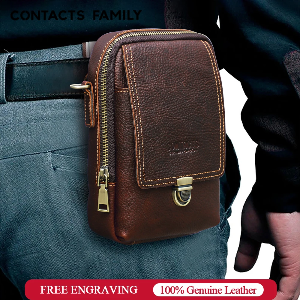 CONTACT'S FAMILY Genuine Leather Men Phone Bag Waist Pouch for iPhone 16 15 Samsung Huawei HTC LG Xiaomi Wallet Crossbody Bag