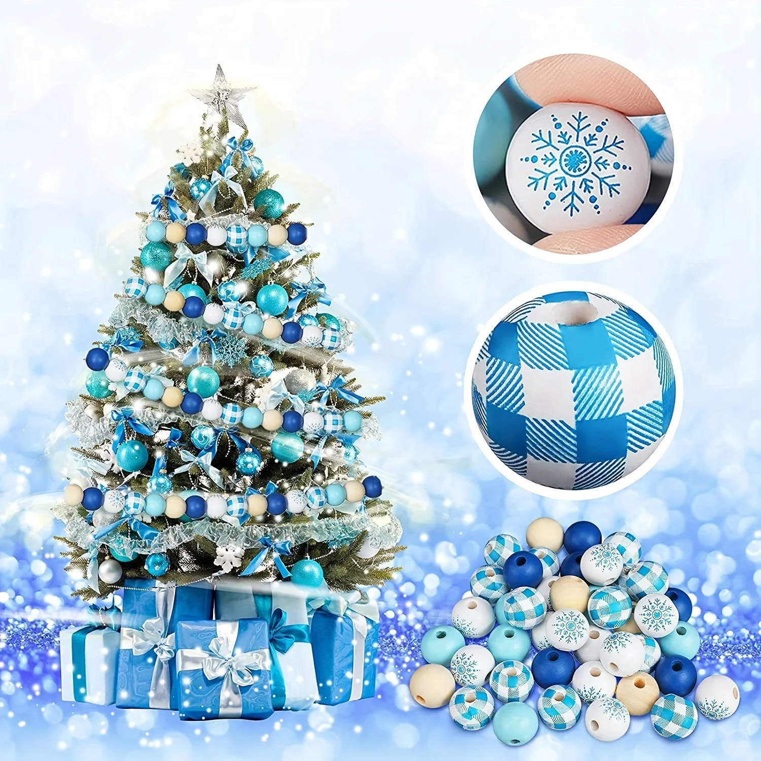 Christmas Tree Decorative Wooden Beads Set DIY Christmas Blue Jewelry Checked Wood Bead Combination Wooden Spacer Beads Set