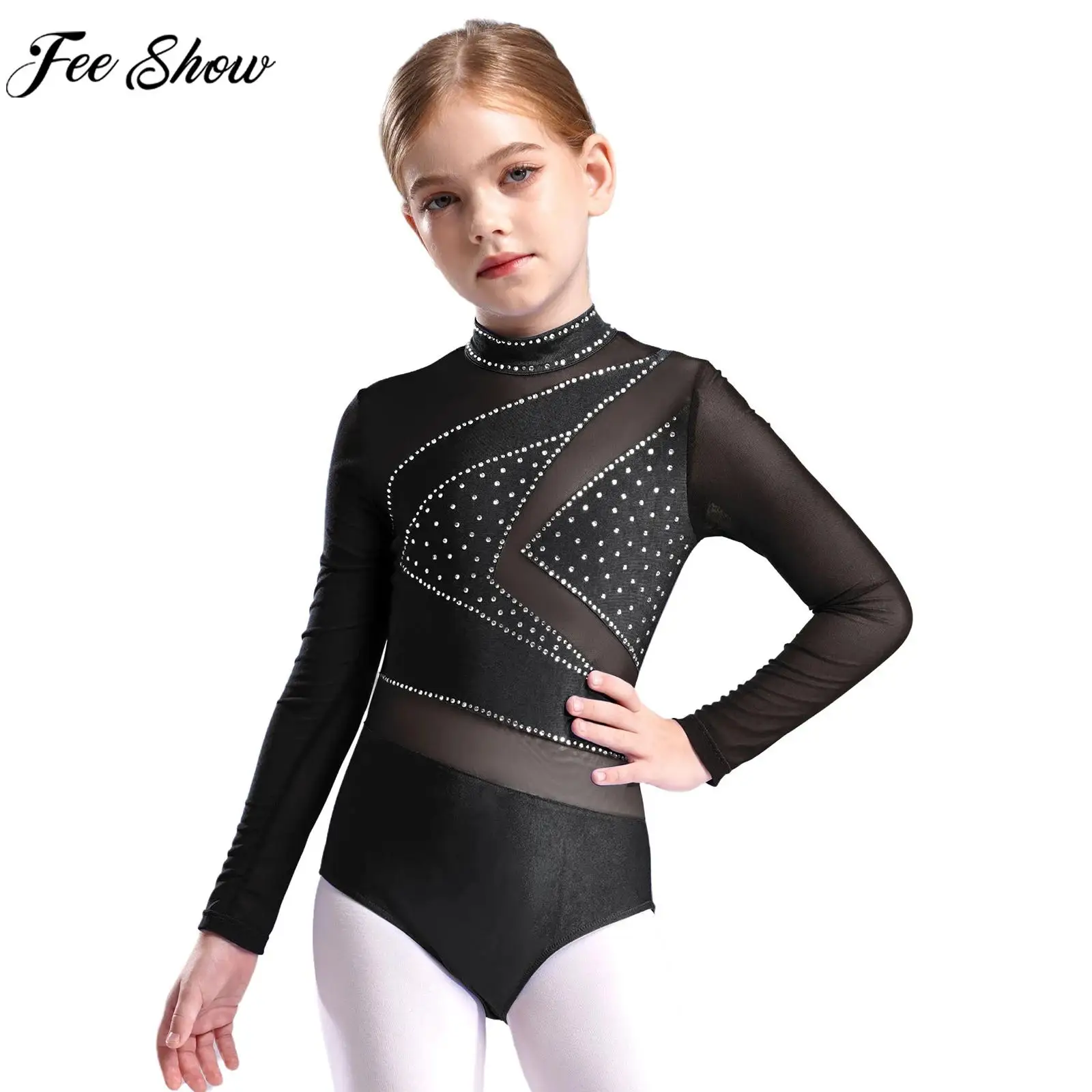 Kids Girls Figure Skating Ballet Dance Gymnastics Acrobatics Leotard Long Sleeve Shiny Rhinestone Sheer Mesh Bodysuit Dancewear