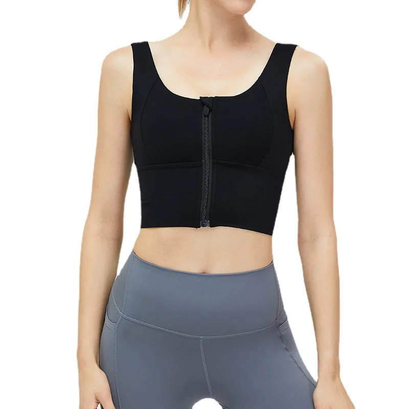 

YJ-Products in Stock New Double-Sided Brushed Yoga Sports Underwear Women's Front Zipper Workout Shock Absorber Running Sports B