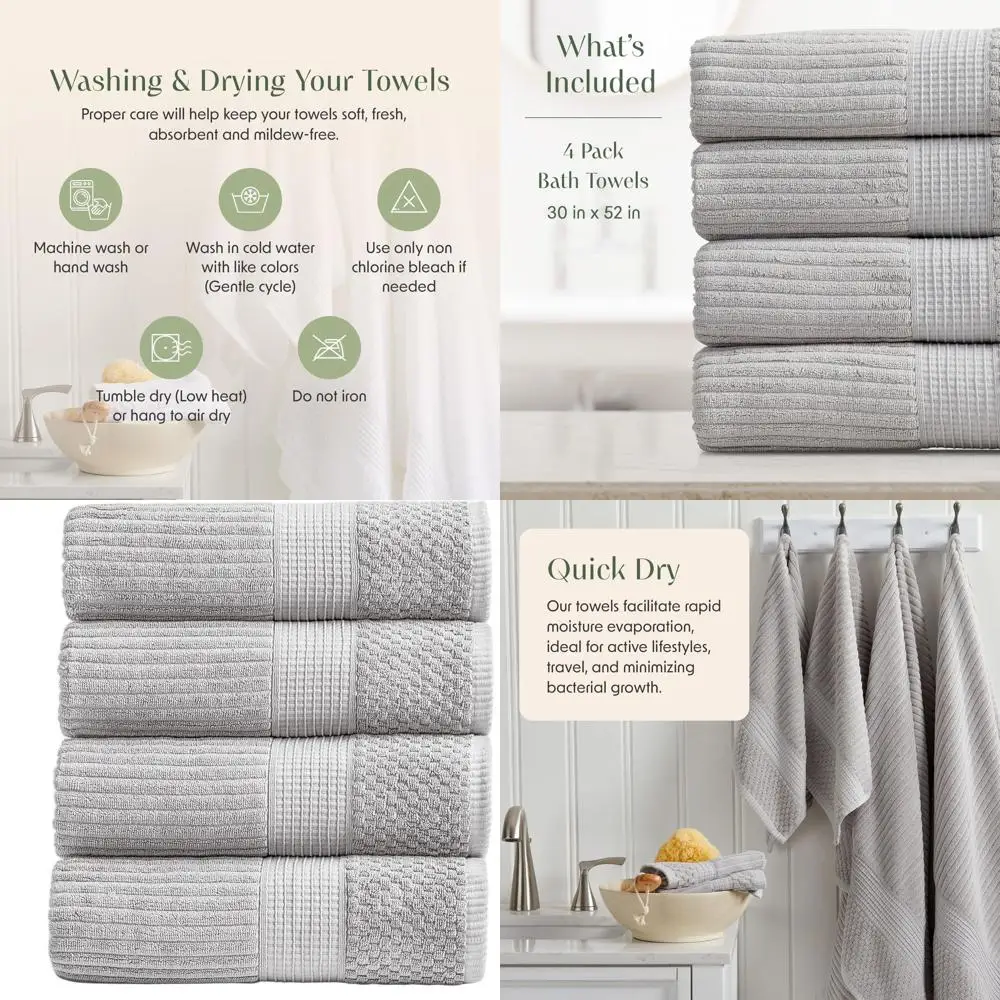 

Набор из 4 хлопковых банных полотенец | Мягкие, впитывающие, быстросохнущие волокна | Текстурированный, прочный хлопок | Высотное здание серого цвета