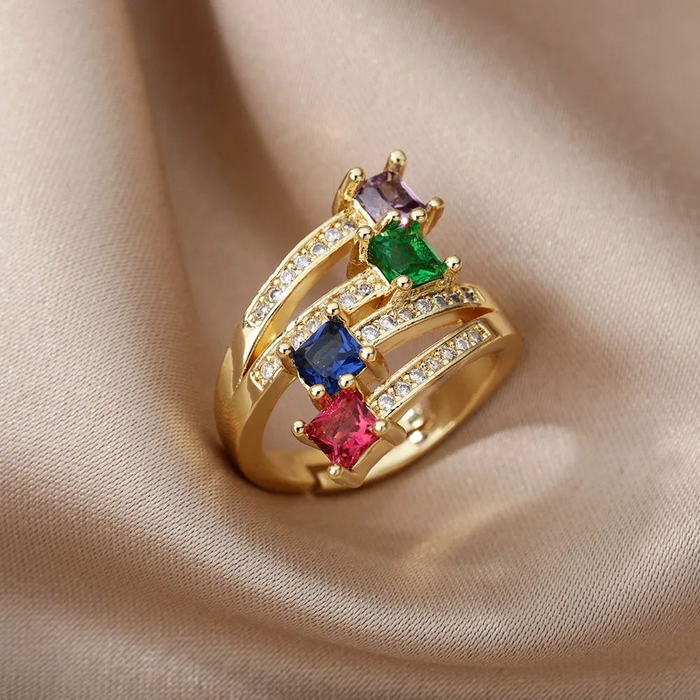 Colored Square Zircon Rings for Women Gold Plated Stainless Steel Ring 2024 Trend Luxury Aesthetic Jewelry Freeshipping item