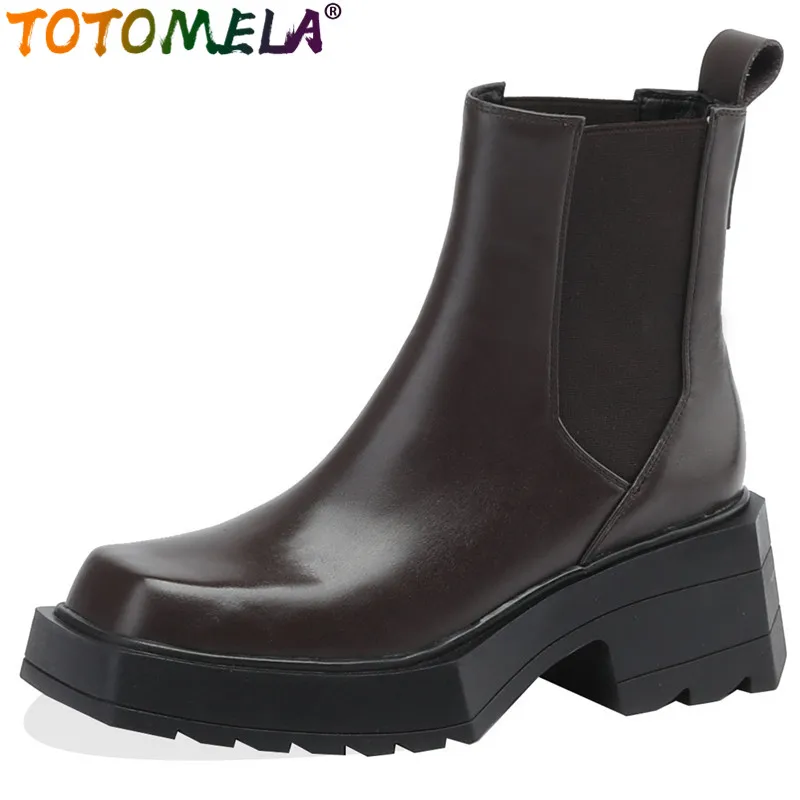 

TOTOMELA 2024 New Genuine Leather Platform Winter Boots Retro Square Toe Ladies Ankle Boots Square High Heels Chelsea Boots