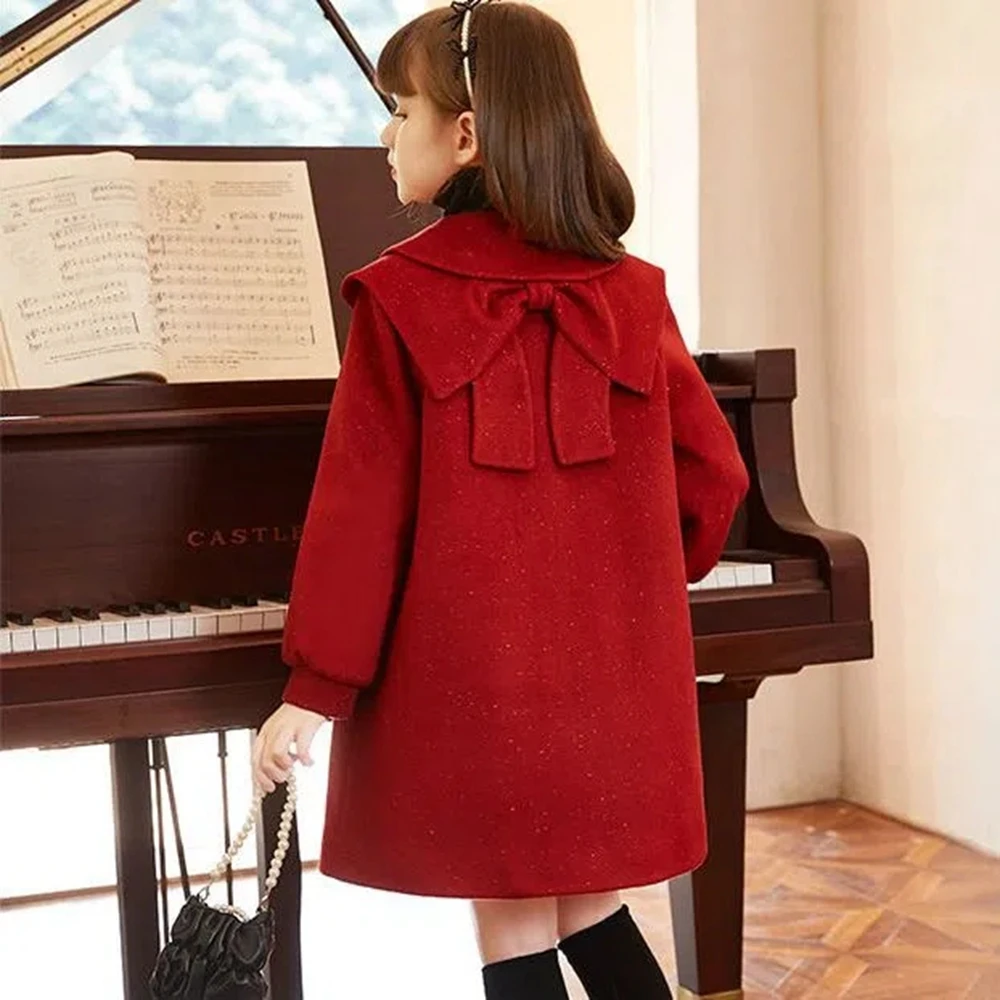 6-15 Kids Cotton Padded Thick Woolen Dress Jacket Girls Winter Cute Red Long Coat Teenager Girls Fashion Outerwear 14 clothes