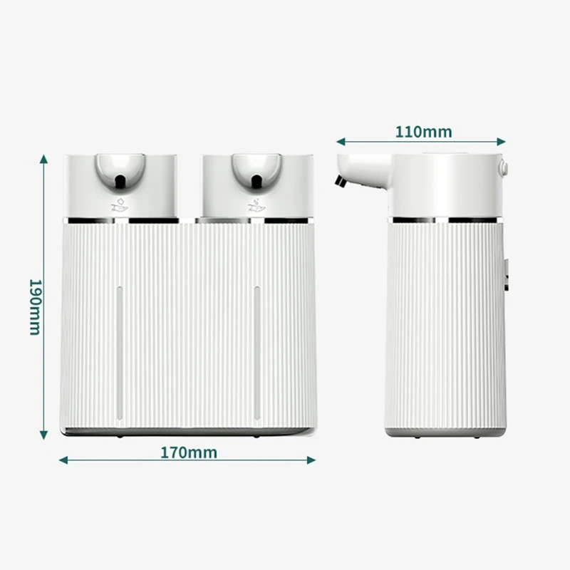 Busa otomatis kepala ganda + Dispenser sabun cair, Distributor disinfektan dapat diisi ulang USB terpasang di dinding, Sensor inframerah