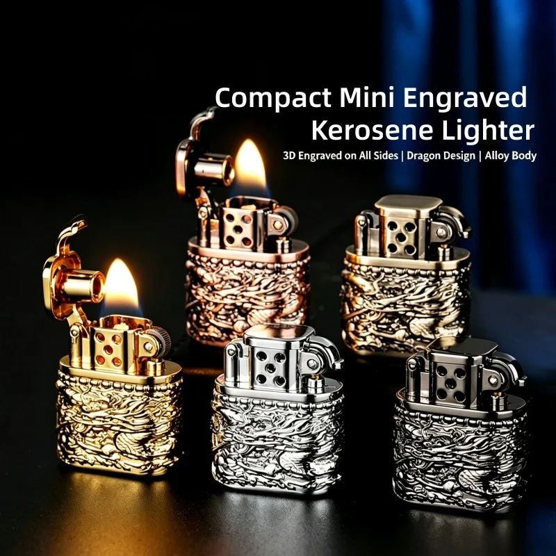New style Mini Portable metal oil lighter Unique different fashionable feuerzeug smoking accessories Men's Gift Dragon Embossed
