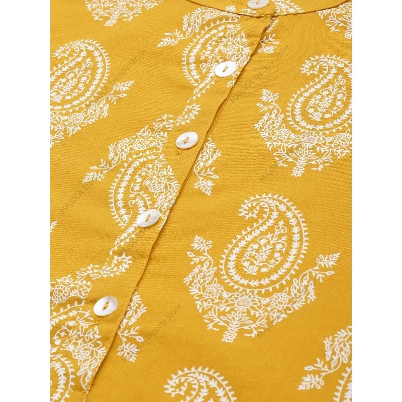Women's Indian Style Cotton Printed Tunic Top Blouse with 3/4 Sleeves and Mandarin Collar India Dress Kurta Kurti - view 5