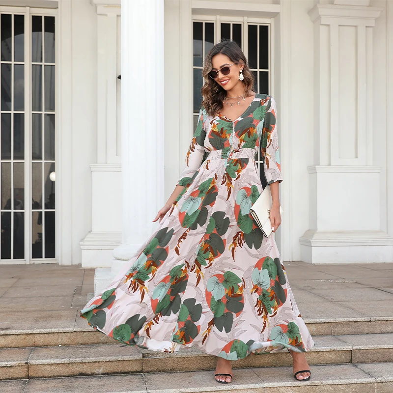 

Maxi Dress for Women 3/4 Sleeve Casual Loose Floral Print Long Fall Dresses Beach Party Boho V Neck Dress