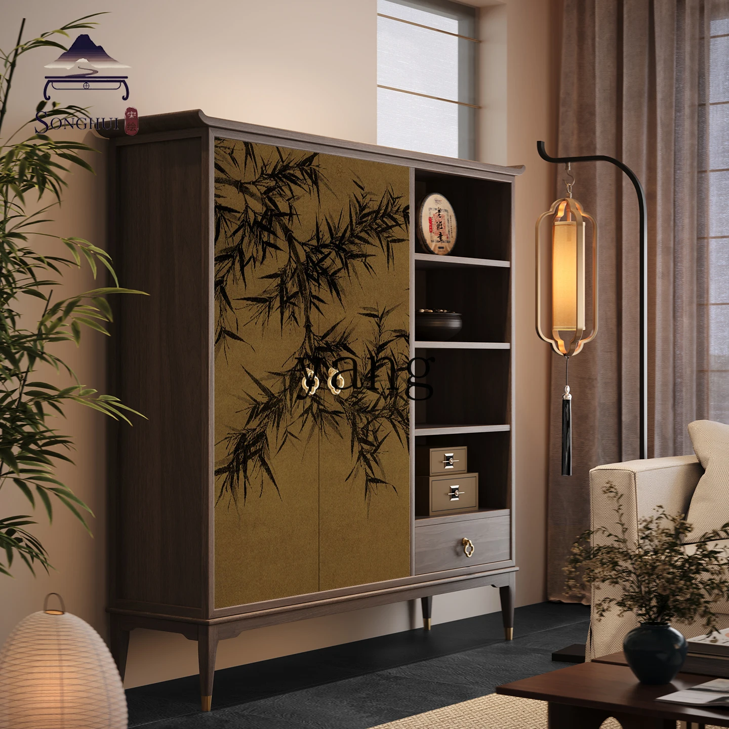 LMM new Chinese pure living room integrated wall tea storage cabinet Song Dynasty aesthetic side cabinet