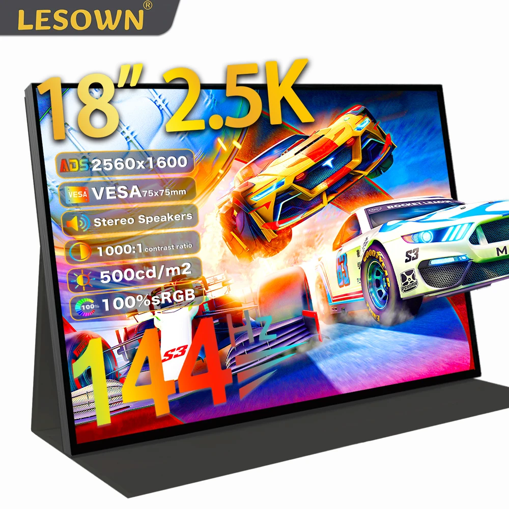 

LESOWN USB Monitor 144Hz 2.5K HDMI Extend 18 inch 2560x1600 Gamer Computer Gaming Secondary Screen Display with VESA USB C IPS