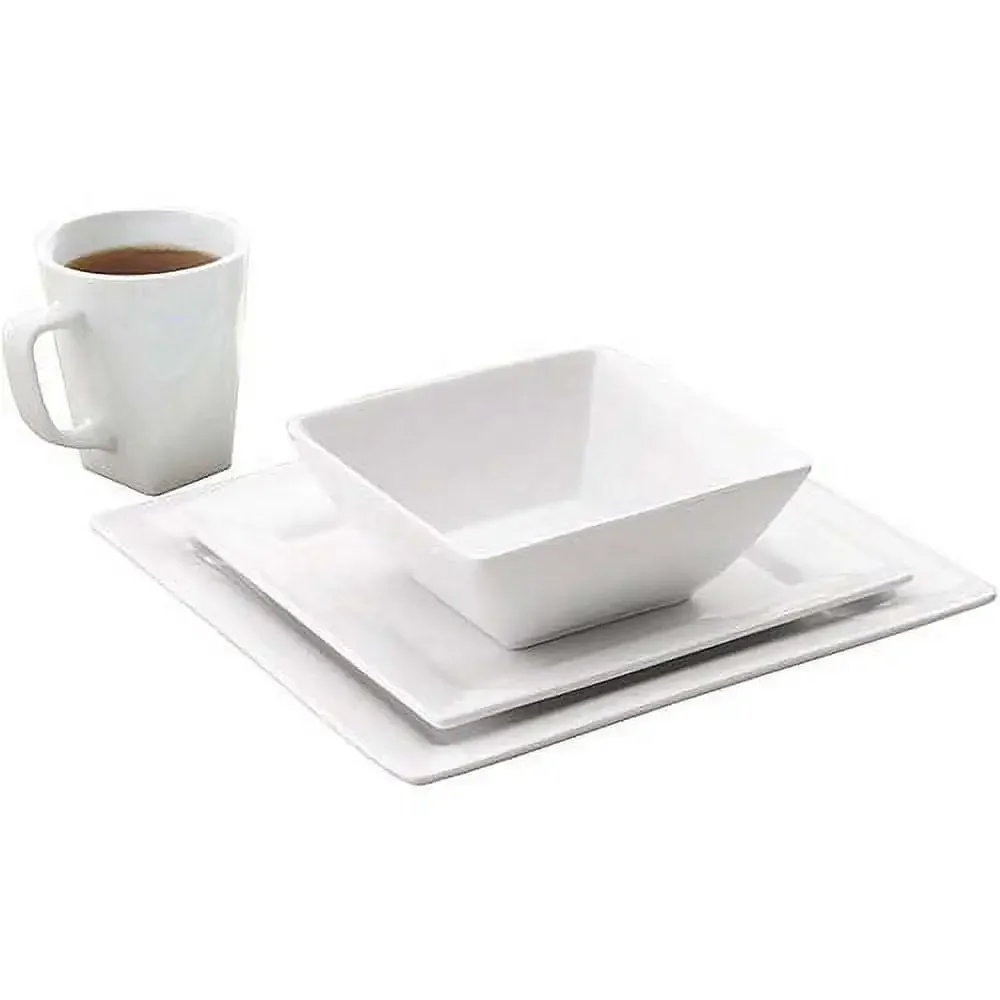 

16 Piece Square Porcelain Dinnerware Set, White Oven Safe Up To 450 Degrees Fahrenheit
