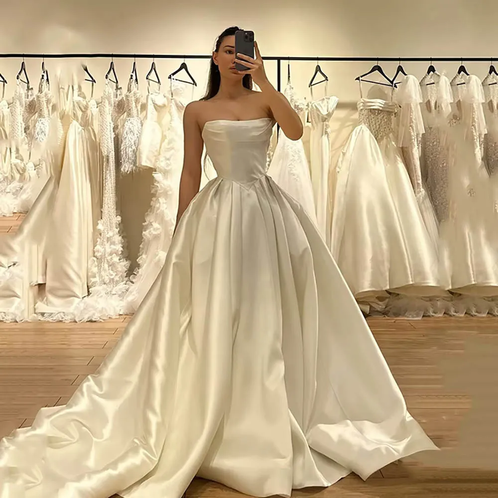 

Sexy Sleeveless Women Wedding Dresses Elegant Satin Backless A-Line Bridal Gowns Mopping Length Ball Vestido De Novia Customized