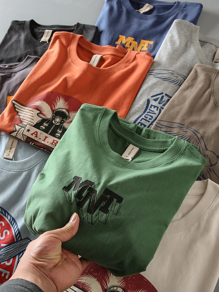 

Summer New American Retro Short-sleeved O-neck Letter Printed T-shirt Men's Fashion Simple 100% Cotton Washed Casual Sport Tops