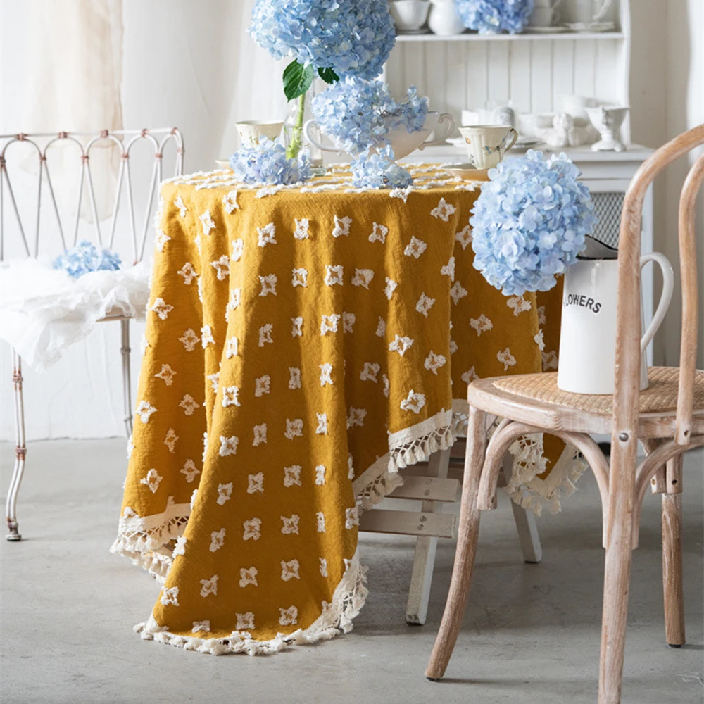 Vintage Rectangular Yellow Tablecloth Yarn-Dyed Jacquard Flowers Cross Tassel Tablecloth Coffee Tablecloths Home Decoration