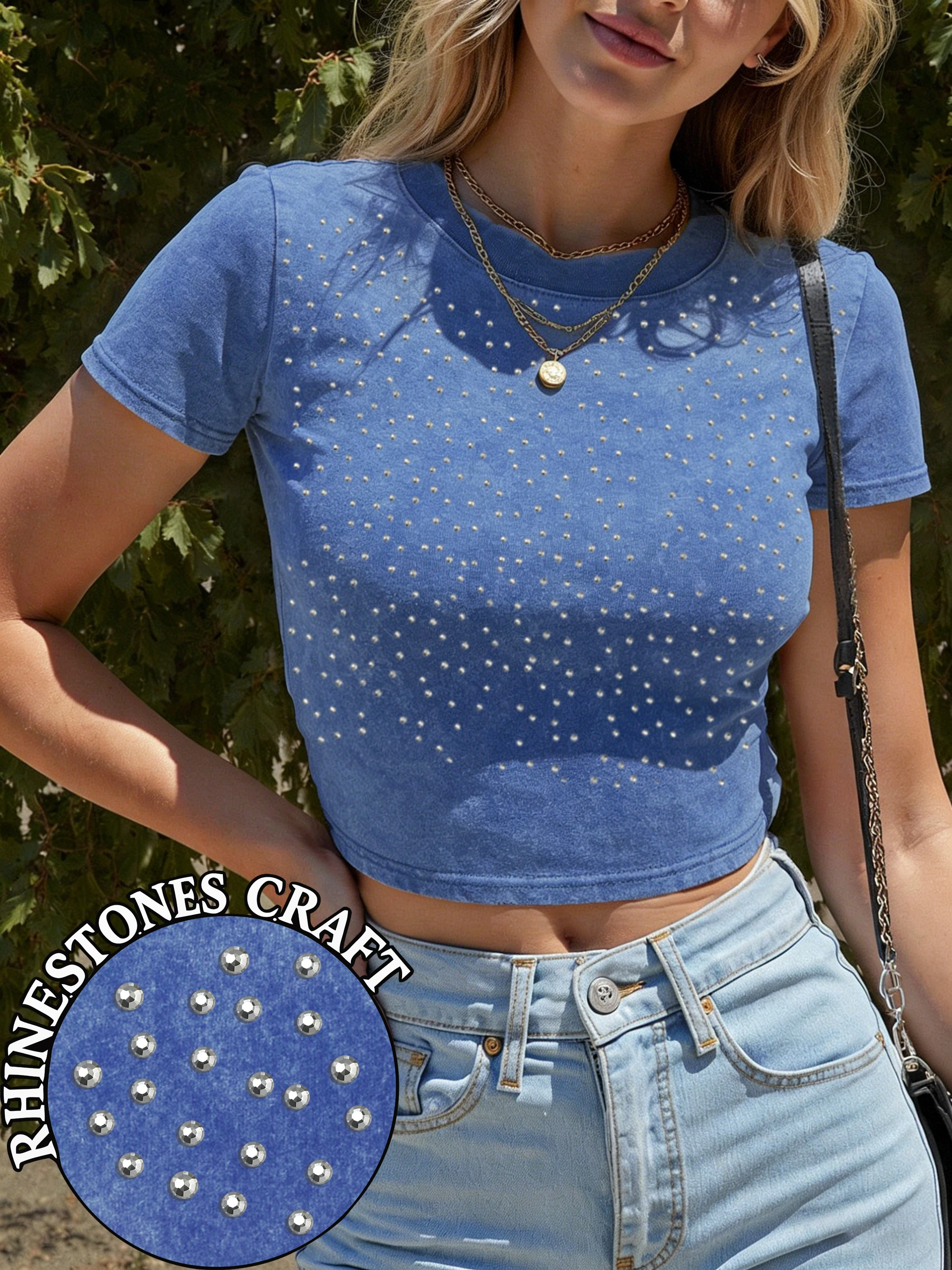 Damen Gewaschenes Slim-Fit Baumwoll-T-Shirt Lässiges Fitness-Kurzarm-Oberteil mit Strass-Verzierung Sommer T-Shirts Y2K Sportbekleidung