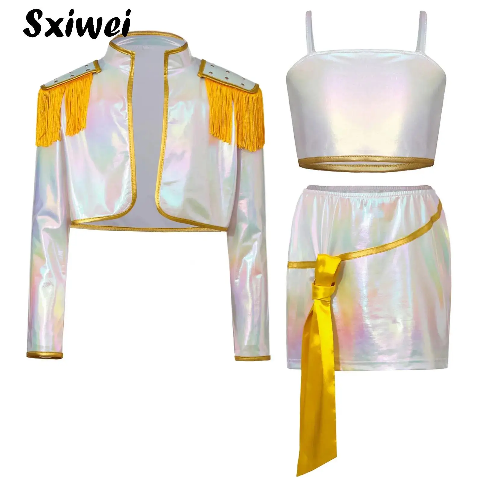 

Girls Korea Idol Hunter Singer Costume Halloween Cosplay Concert Popular Singer Outfits Outer Wear+Crop Top+Waist Chain Skirt