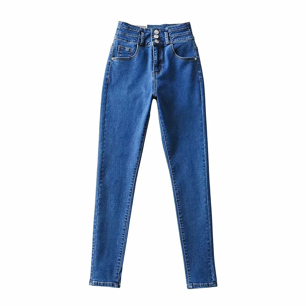 Cintura alta elástico calças de brim magros botão lápis streetwear magro femme calças denim calças casuais moda nova femme calças com zíper