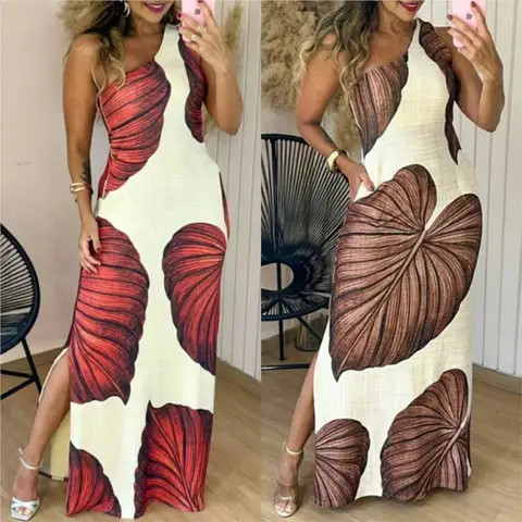 Boho 여성을위한 대형 잎 인쇄 긴 드레스 2025 여름 새로운 섹시한 한 어깨 Backless 높은 분할 클럽 파티 드레스 가운 Femme