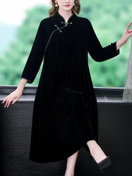 Women Black Korean Vintage Hepburn Midi Dress Autumn Winter Velvet Thick Warm Dress 2024 Elegant Luxury Loose Waist Party Dress