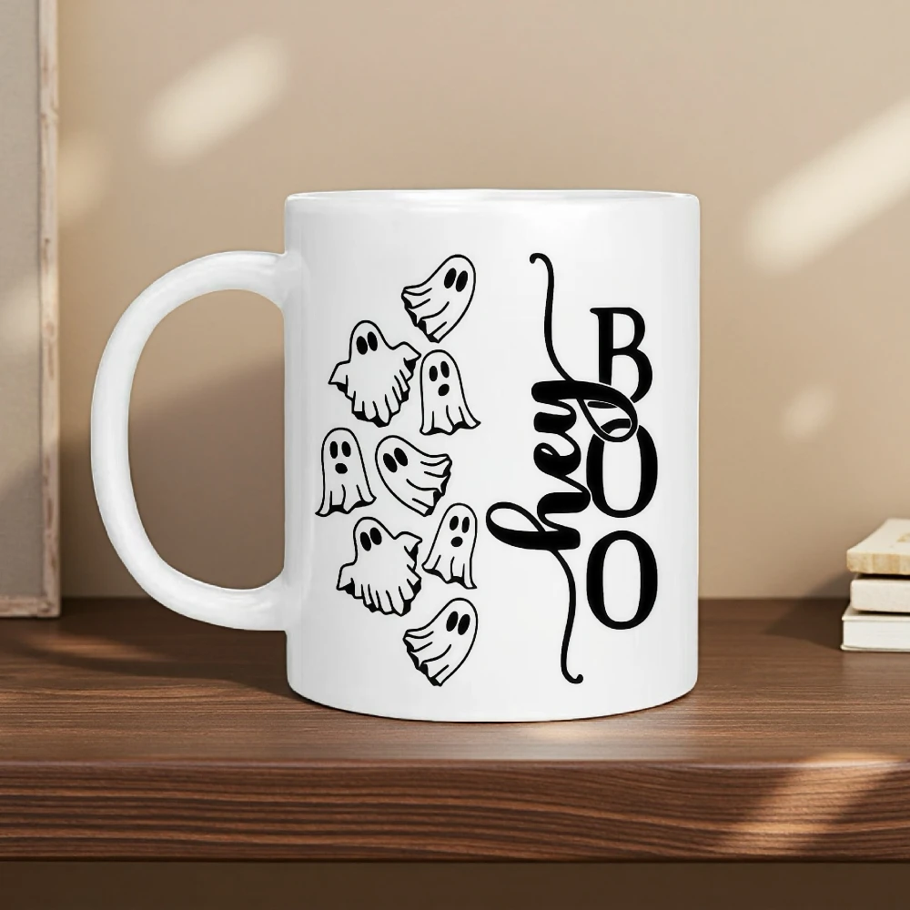 This adorable BOO-patterned mug features a BOO face, is machine washable, and is suitable for holding coffee, tea, cocoa, soup