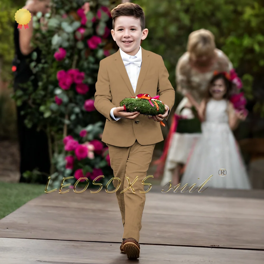 Boys' Camel Linen Suit 2-Piece Set, Customized for Children Aged 3 to 16, Wedding and Formal Occasion Ensemble