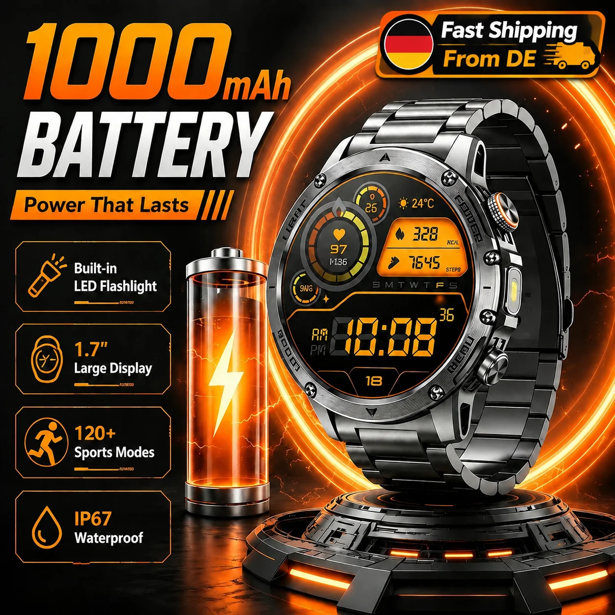 【Stock Locale DE】Smartwatch Militare Robusto Uomo,Display HD 1,7 Pollici,Chiamate Bluetooth,Batteria 1000mAh,Torcia LED,Impermeabile IP68,Fitness Tracker,100+ Modalità Sportive,Monitor Frequenza