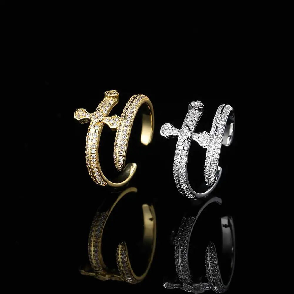 Hip Hop Jewelry Gold-Plated Zircon Iced Out Cross Justice Sword Ring Adjustable Trend  Personalized Gift For Men And Women