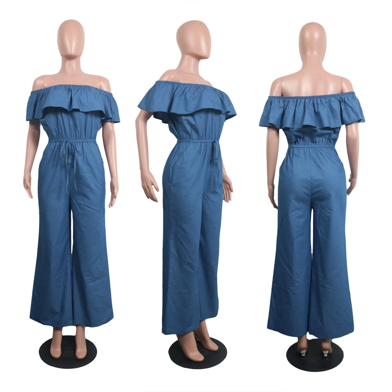 Solide schulter freie Jeans Overall Frauen einteiliges Outfit Sommer mode lose Kordel zug Hosen sexy weibliche Luxus Overalls