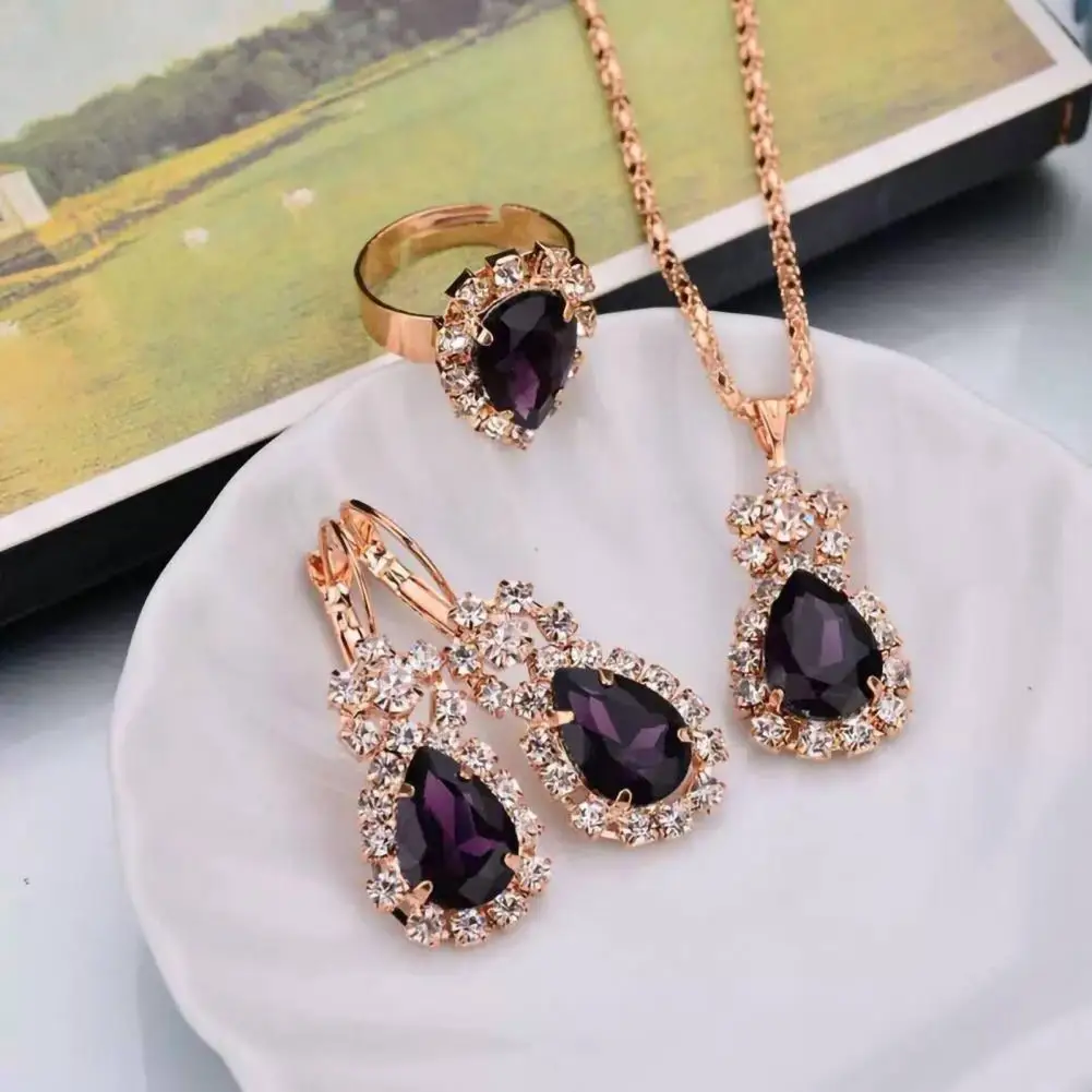 3Pcs/Set Luxury Wedding Jewelry Set  Smooth Alloy Necklace Earrings Ring Set  Shiny Bridal Earrings Necklace Ring Set