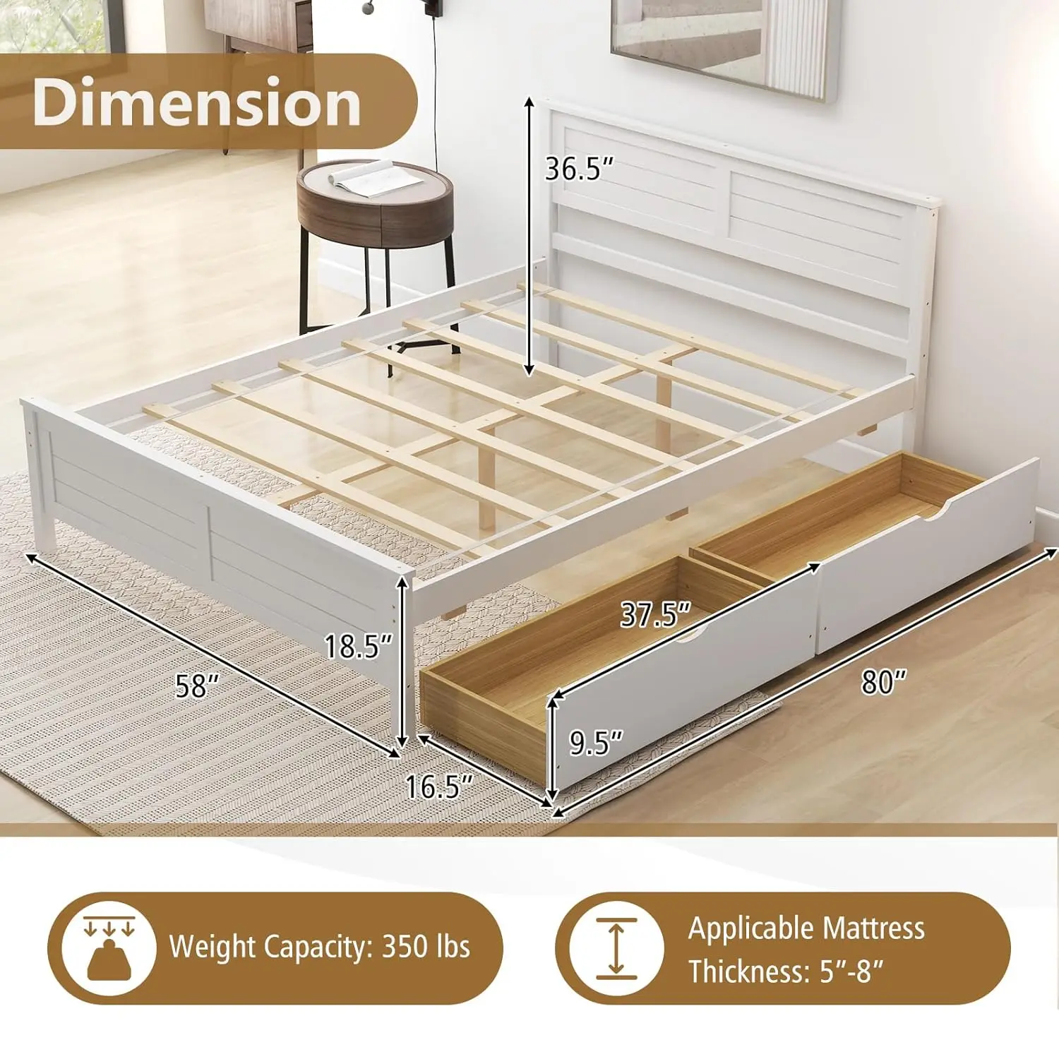 Full Size Wood Platform Bed with 2 Drawers & Headboard, Slats Support, No Box Spring, Easy Assembly, Customized