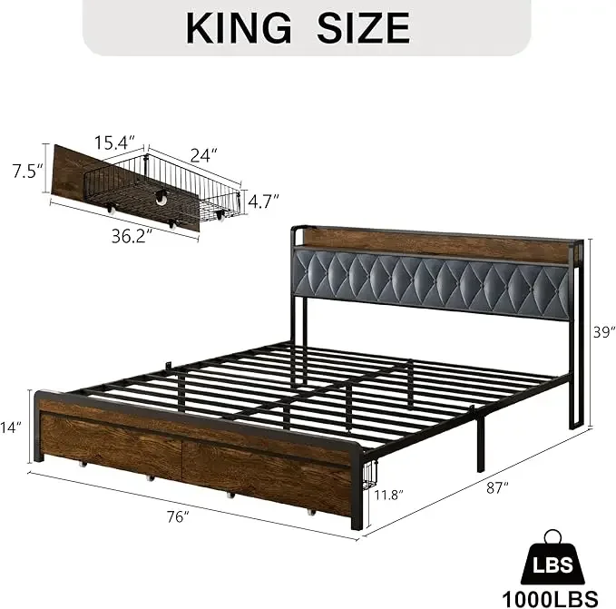 Metal Platform Bed Frame with 2 Storage Drawers & LED Light, Velvet Upholstered Shelf Headboard with Built-in Charging Ports