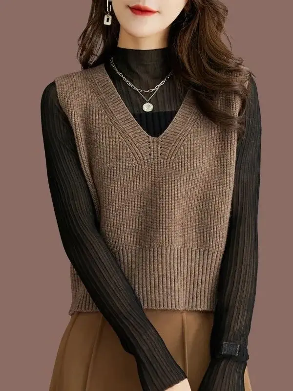 

Spring Autumn Cashmere Vest Women's Small Size Sweater V-neck Fashionable Pure Color Top Versatile Commute Style Outerwear