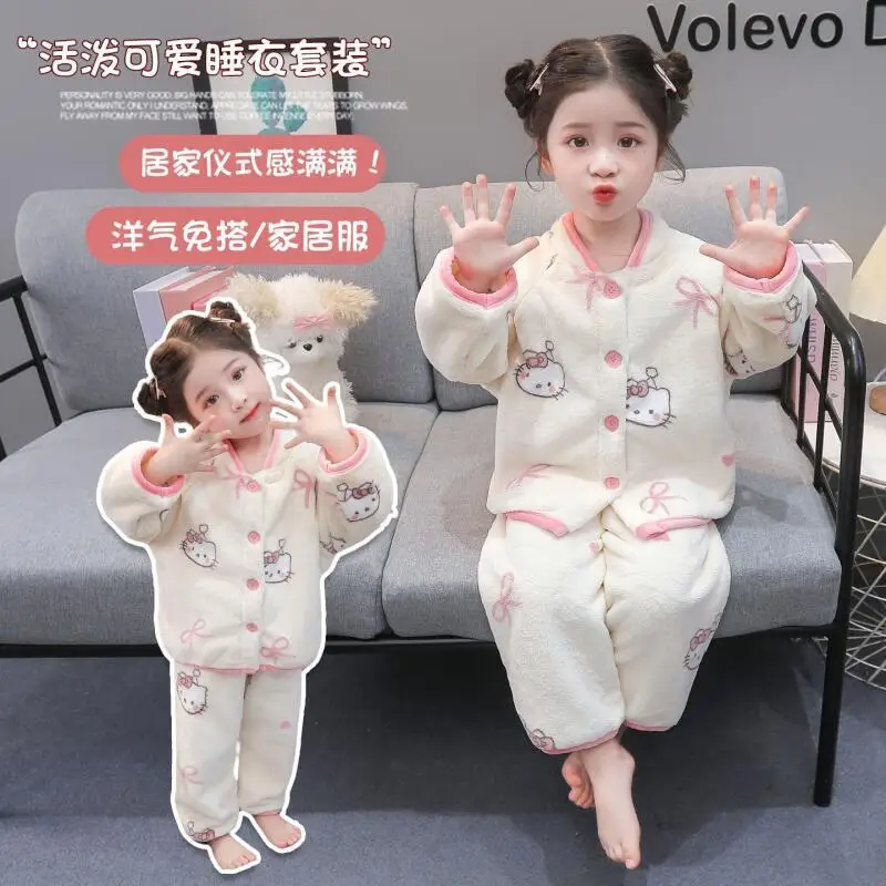 

Детские пижамы Sanrios Hello Kittys, 2 шт., осенне-зимняя одежда с длинными рукавами, новый стиль, детская утолщенная модная теплая удобная домашняя одежда, хит продаж