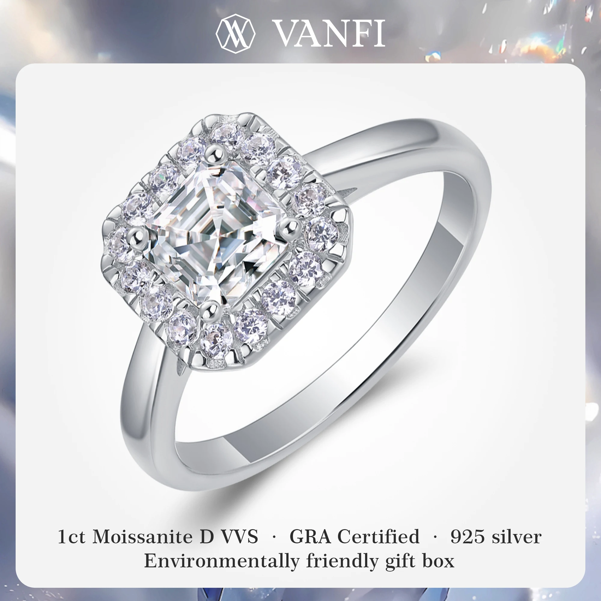 

kfvanfi 1ct moissanite square GRA lab diamond D VVS women's ring s925 sterling silver plated 18k white gold wedding jewelry
