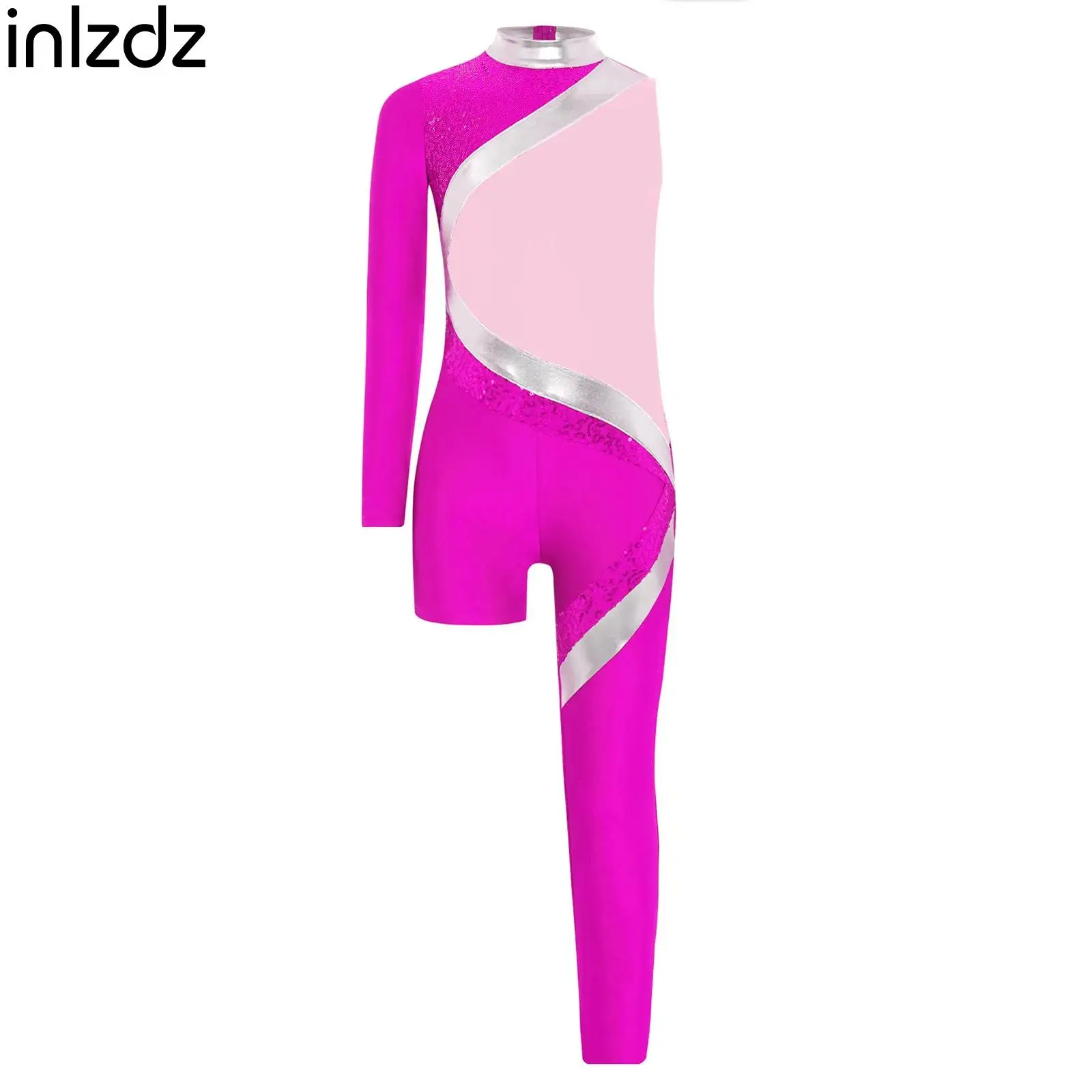 

Girls Athletic Figure Skating Dance Costumes Kids Gymnastics Jumpsuit Shiny Sequins Color Block Asymmetrical Jumpsuit Dance Wear