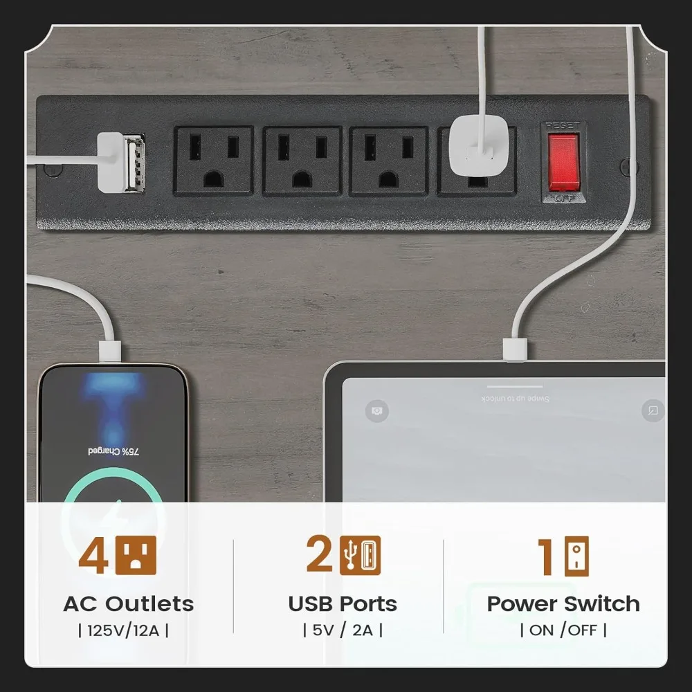 مكتب تنفيذي مع 3 أدراج، مكتب كمبيوتر مزرعة 55 مع أدراج ملفات تخزين ومخرج طاقة للمكتب المنزلي، رمادي #5