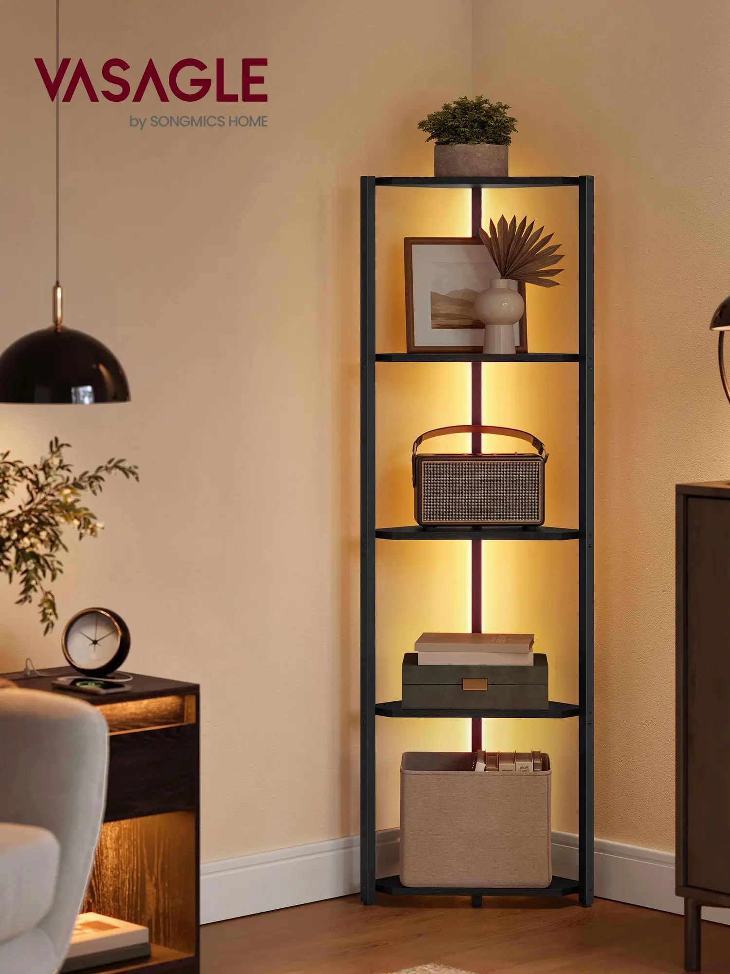 VASAGLE Hoekplank met 5 niveaus, verstelbare boekenkast met LED-verlichting, plank met stalen frame, 24,8x48x146,6 cm - afbeelding 2