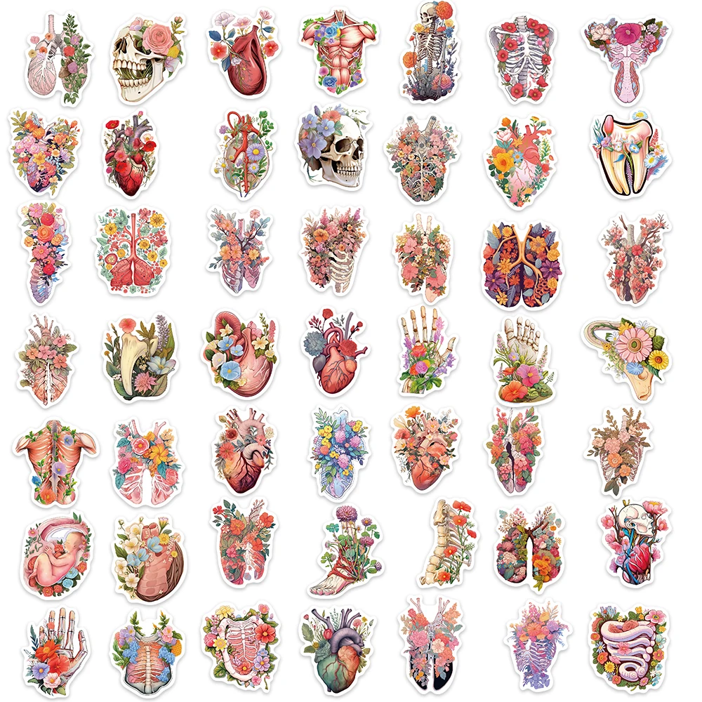 Pegatinas de anatomía humana con flores, 50 piezas, parte del cuerpo, equipaje, monopatín, portátil, guitarra, calcomanías, Juguetes